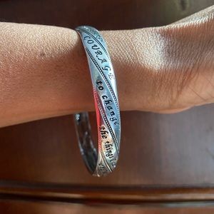 Silver tone inspirational bangle bracelet